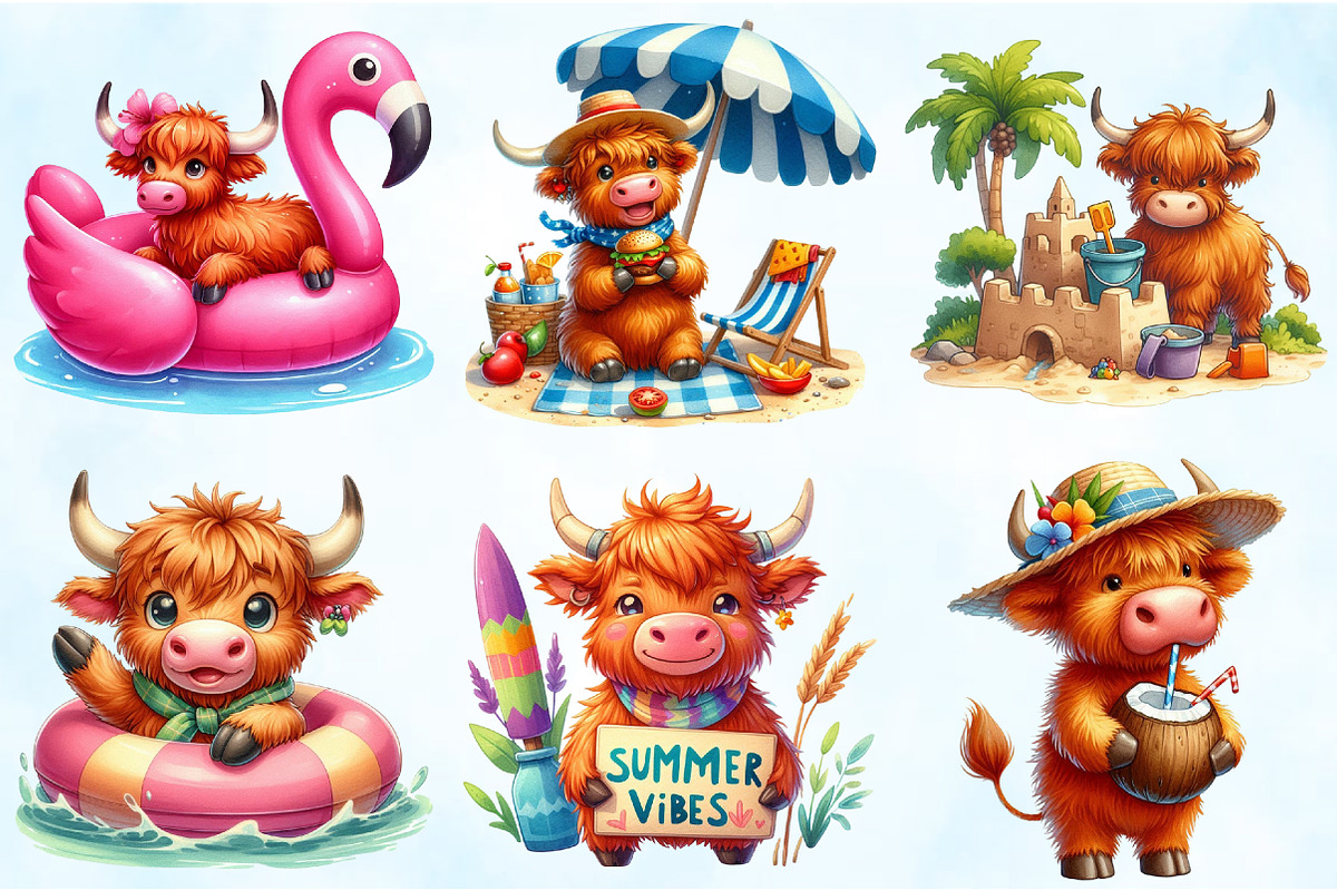 Funny Summer Highland Cow Clipart, an Illustration by Craft Nest (Photo 5 of 5)