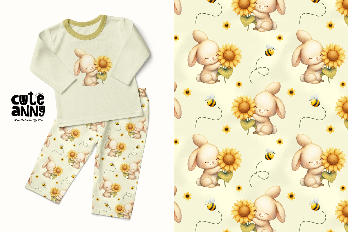 Cute Pattern with Bunny Sunflower, a Pattern Graphic by Cuteanny Design (Photo 1 of 4)