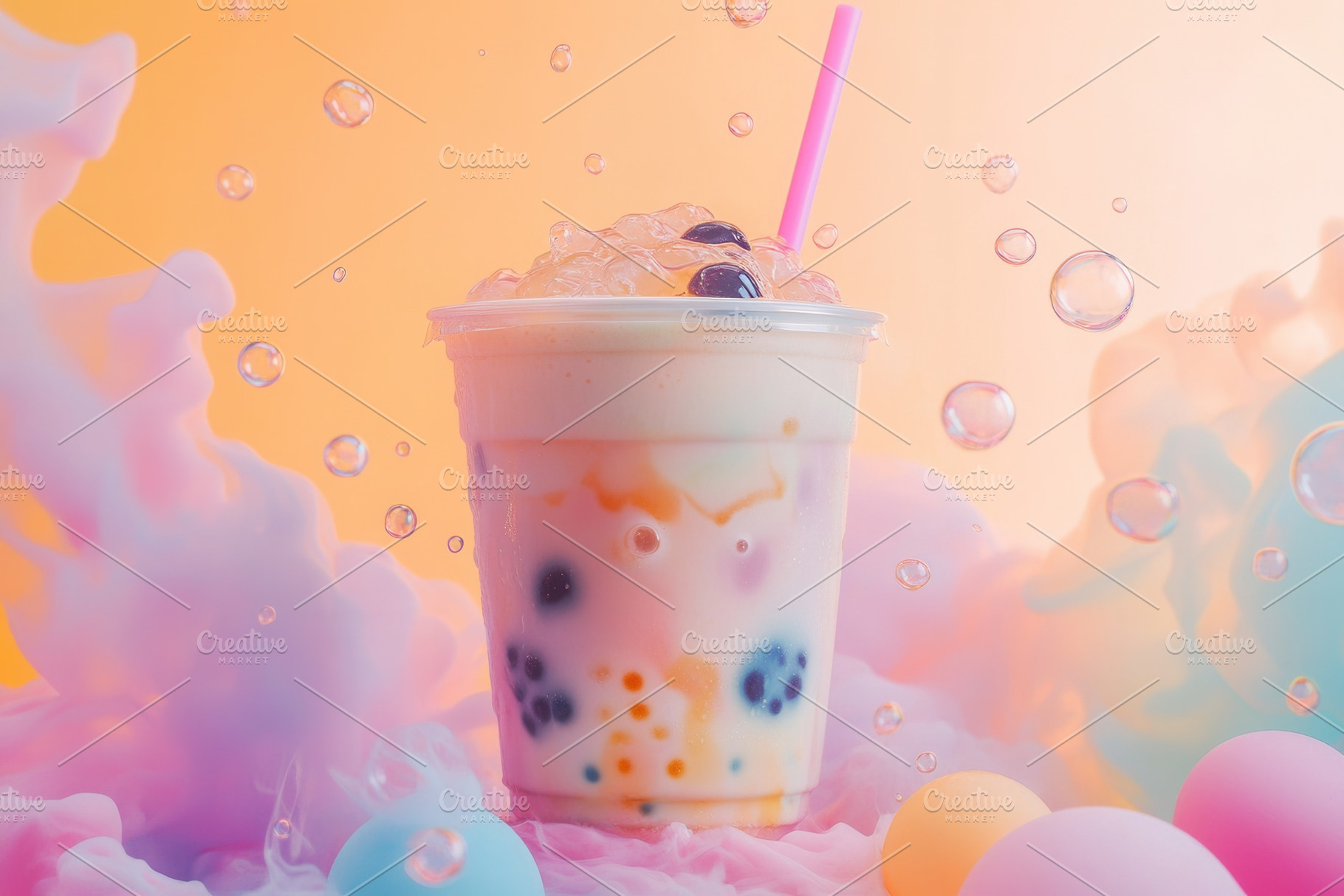Boba milk tea in a clear plastic cup, a Photo by Pavel_design