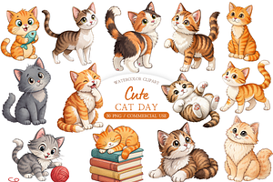Cute Cats Clipart Watercolor PNG