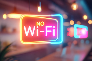 Neon signs illuminate a modern workspace without Wi-Fi in a vibrant atmosphere, a Photo by AlyaAnd