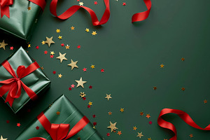 Festive green gifts with red and gold ribbons amidst golden star, a Holiday Photo by Mashimara