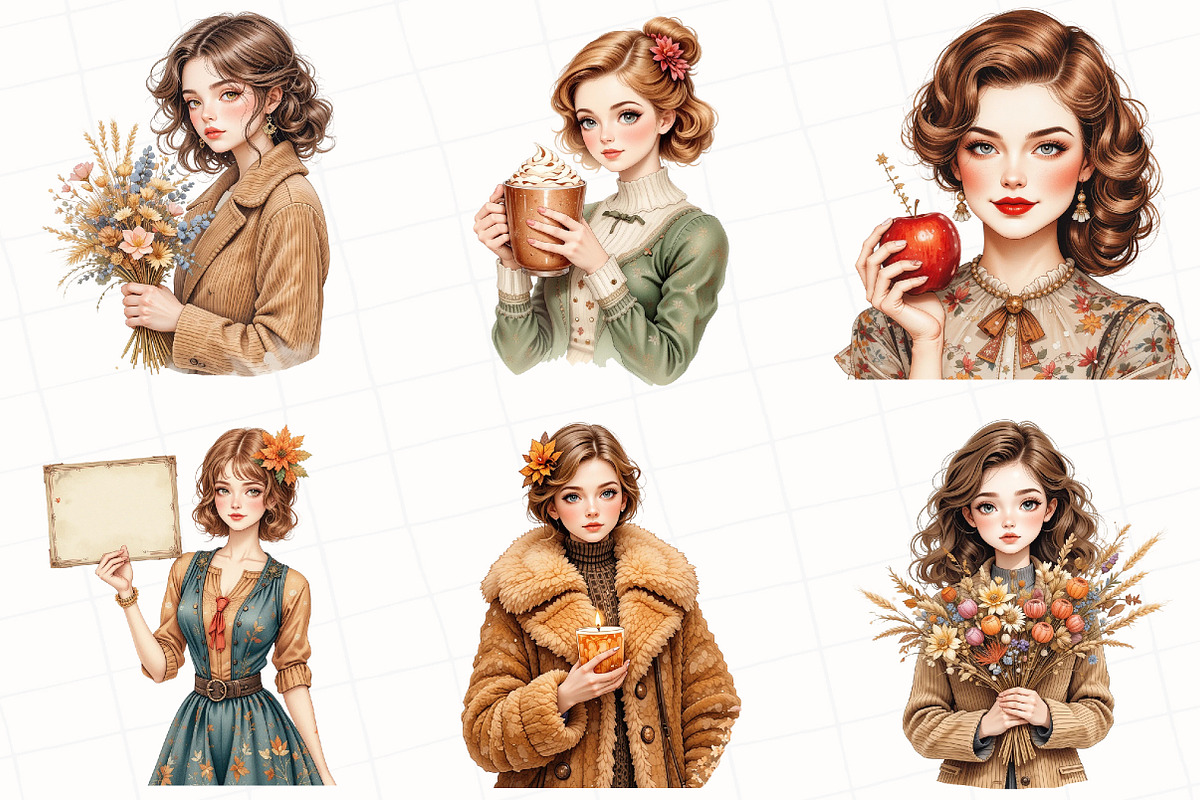 Watercolor Autumn Girls Clipart, an Illustration by OK Design (Photo 2 of 5)