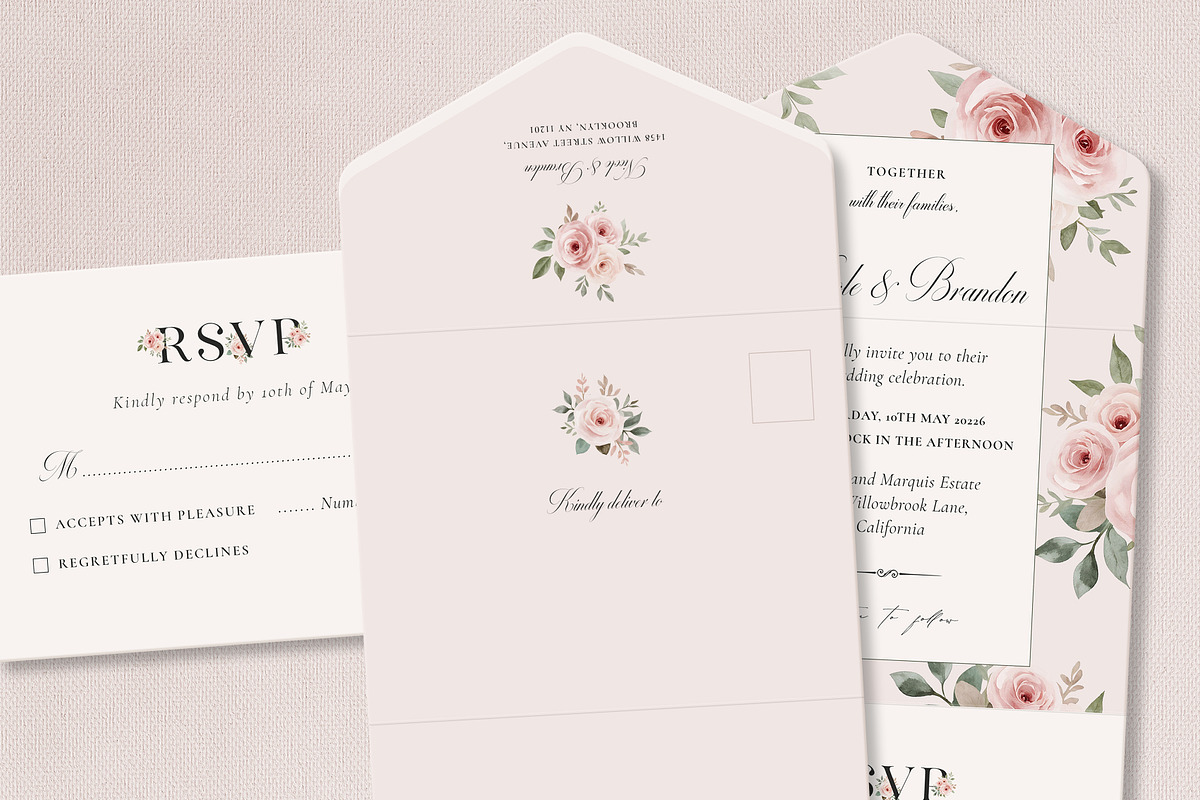 Pink Roses All-In-One Wedding Invite, a Background Graphic by by creative paper (Photo 1 of 4)