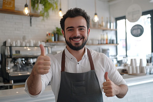 Cute man barista stands behind the counter of coffee shop. Takeaway food, showi, a Photo by AlyaAnd