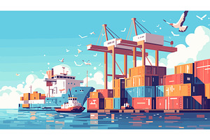 Cargo ship port. Sea vessel with, a Transportation Illustration by Stock-Smart-Start
