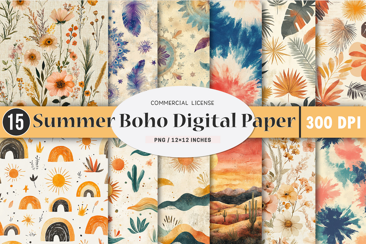 Summer Boho Digital Paper, an Illustration by SinaCreation (Photo 1 of 4)