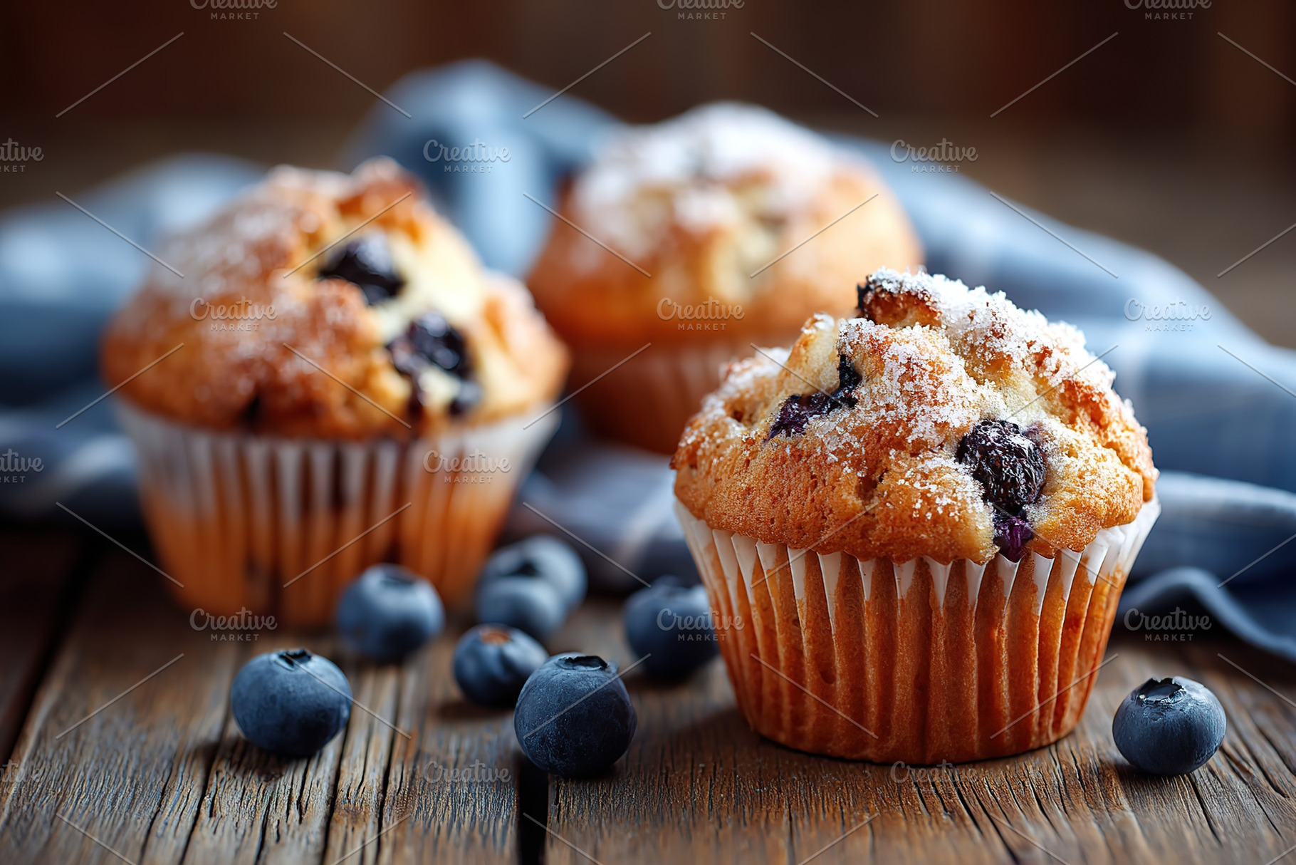 Delicious blueberry muffins with sugar crust on a rustic wooden table, a Food & Drink Photo by AlyaAnd