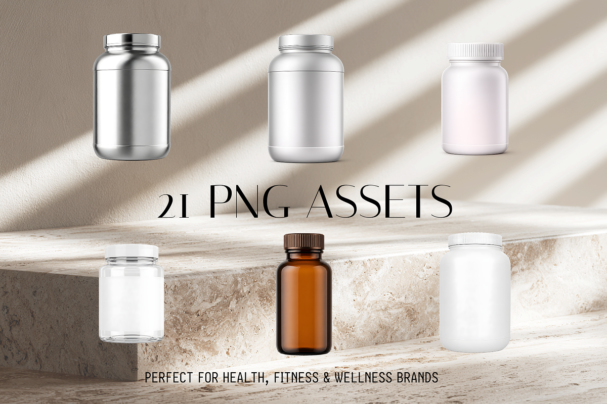 Supplement & Vitamin PNG Mockup Pack, a Packaging Mockup by Threestudio (Photo 1 of 3)