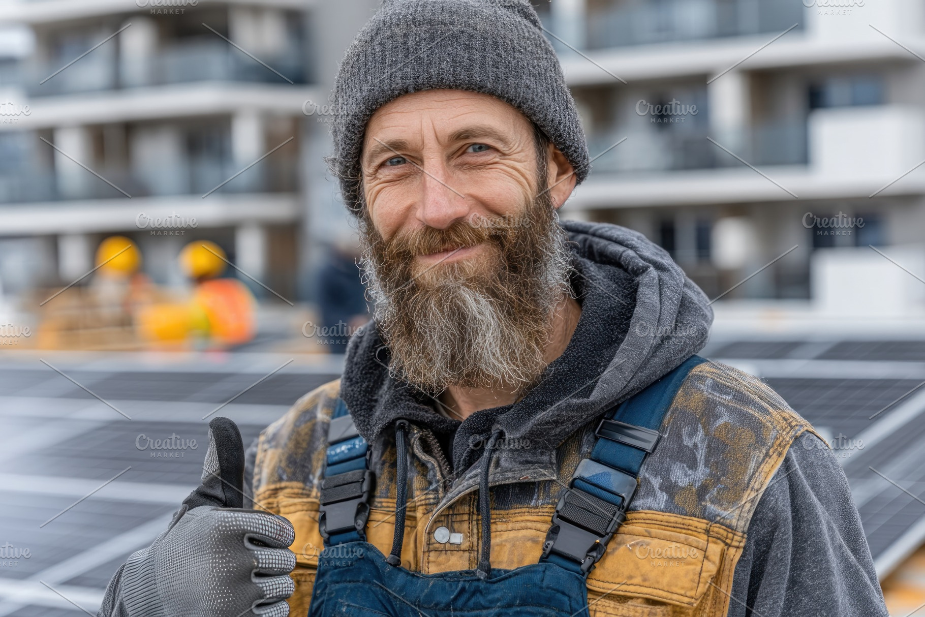 Smiling bearded solar panel installer giving thumbs up while wor, a Person Photo by José Manuel Gelpi