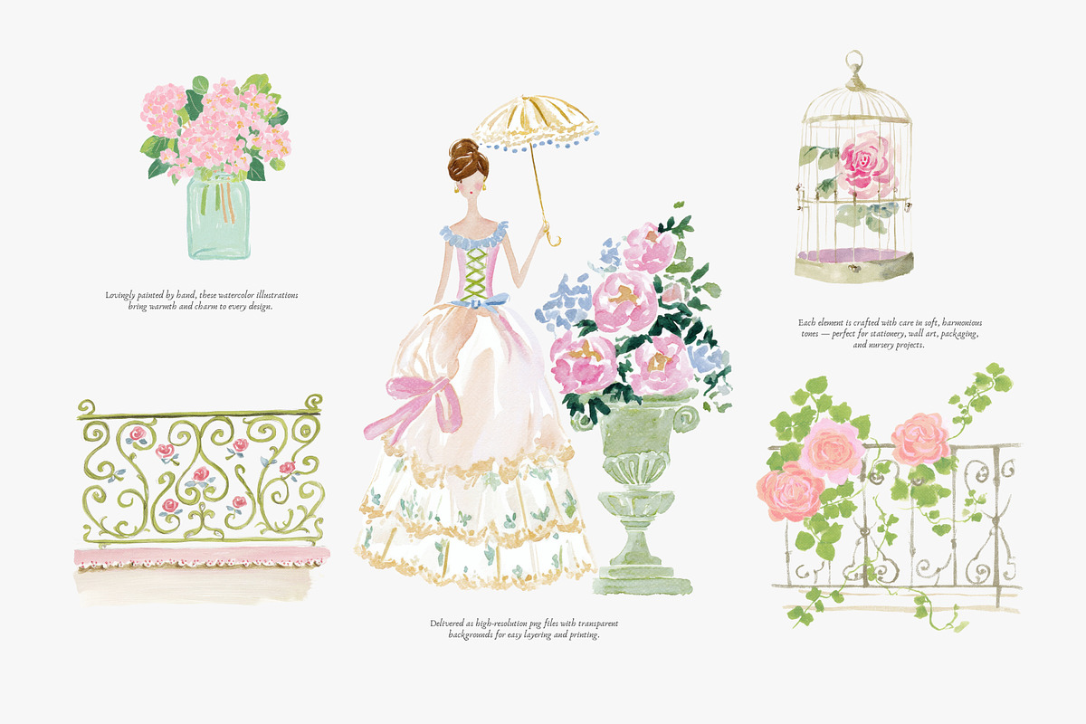 watercolor pastel rococo clipart set, a Decorative Illustration by Patishop Art (Photo 6 of 9)