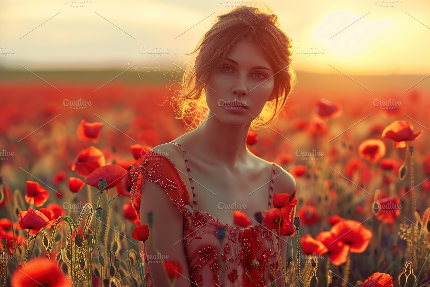 Portrait of young beautiful woman in red poppy flowers field, a Photo by AlyaAnd