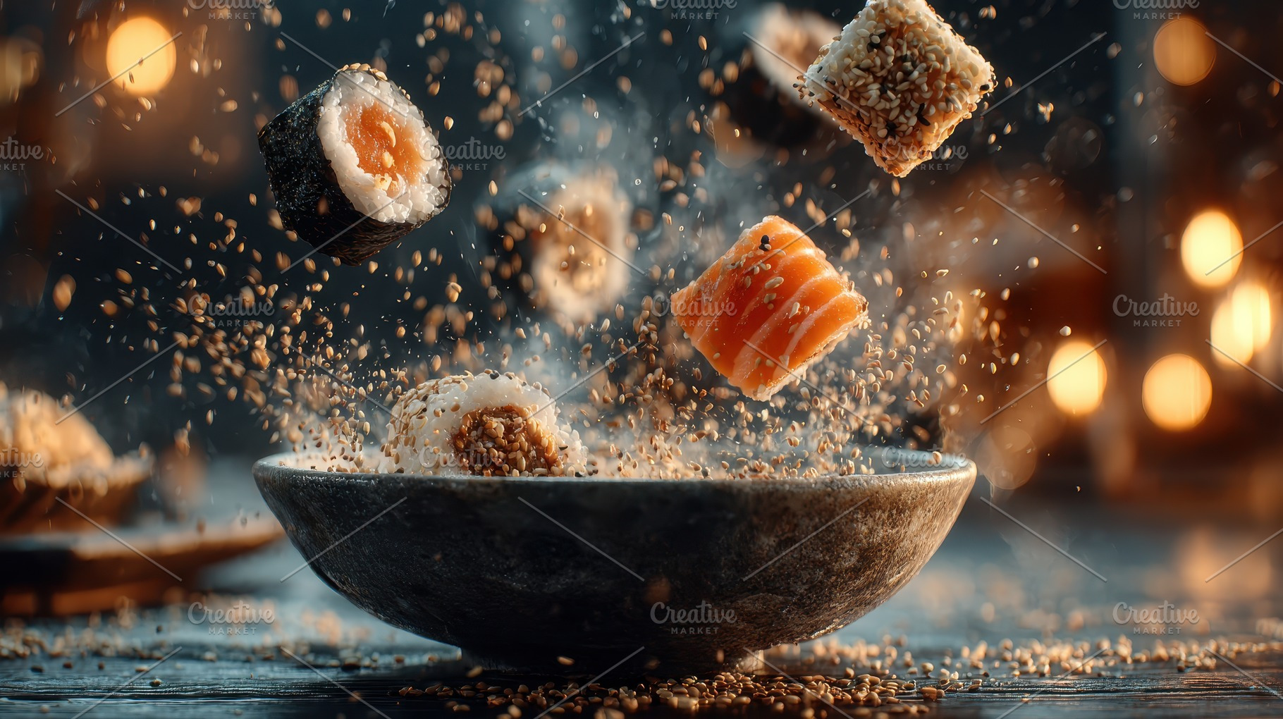 Sushi pieces flying into bowl sesame, a Photo by Pixeness Studio