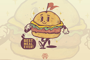 Cute Burger Vintage Cartoon Style