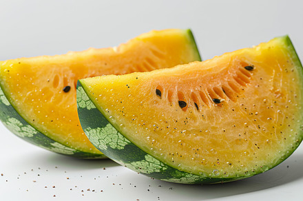 Close-up of fresh yellow watermelon slices on a white background, a Photo by AS photostudio