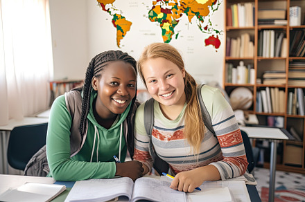 Black and white girl classmates are sitting in class and smiling, a Photo by zakiroff