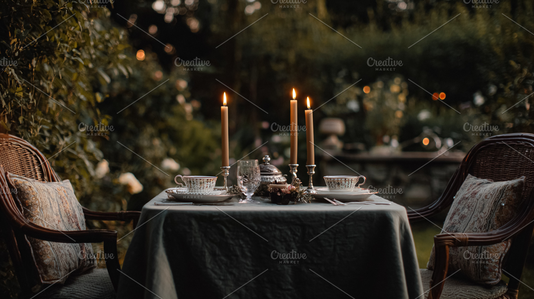 Outdoor evening table settings with candles, crystal glassware a, a Holiday Photo by Studio ANNA