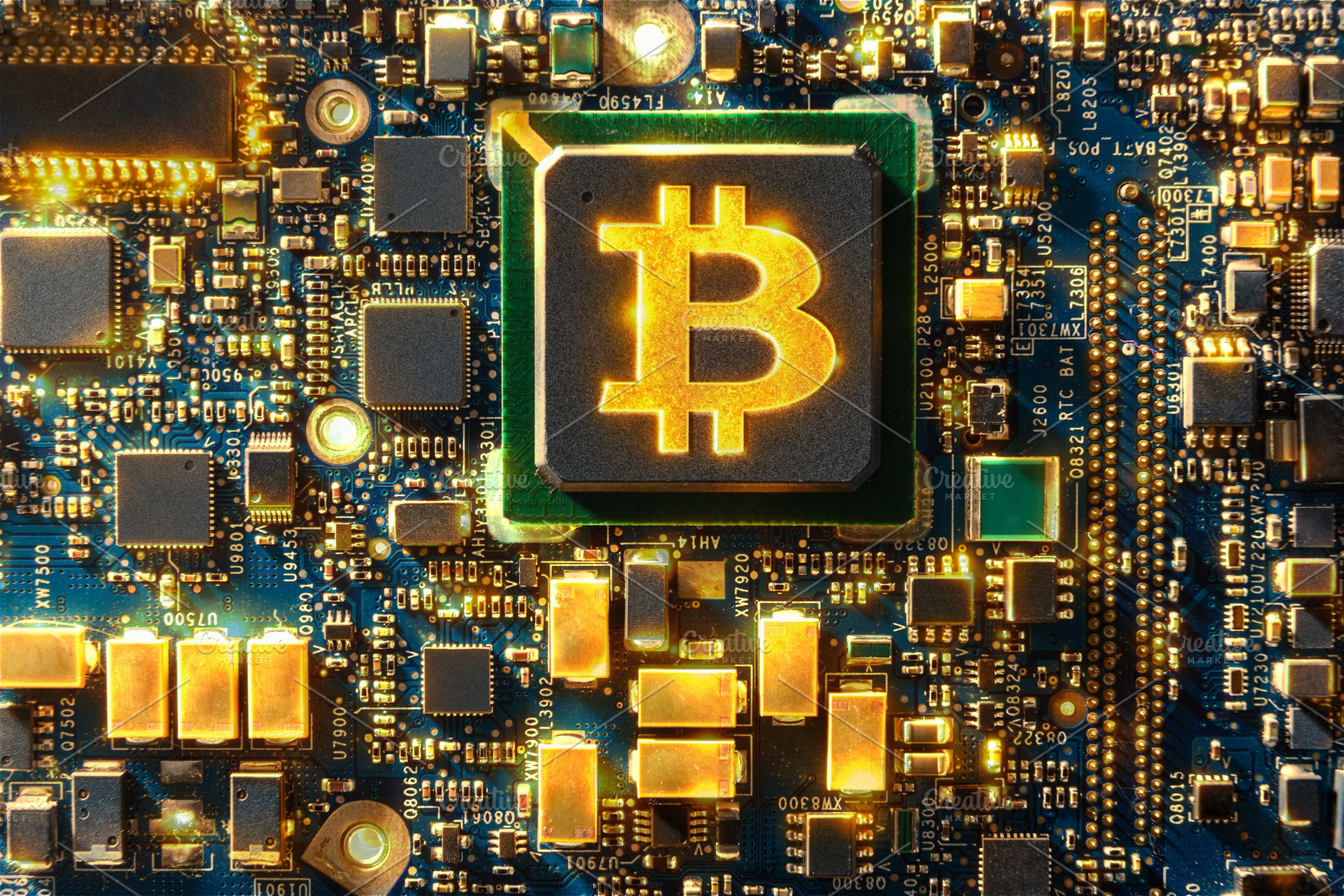 Glowing Bitcoin Chip on Circuit Board, a Technology Photo by Davizro's Market