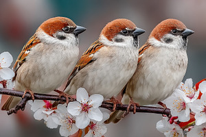 Three Sparrows Perched on Blossom Branch with White Spring Flowe, a Nature Photo by José Manuel Gelpi