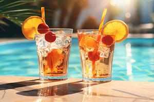 Alcohol cocktail in glasses near swimming pool, a Food & Drink Photo by AlyaAnd
