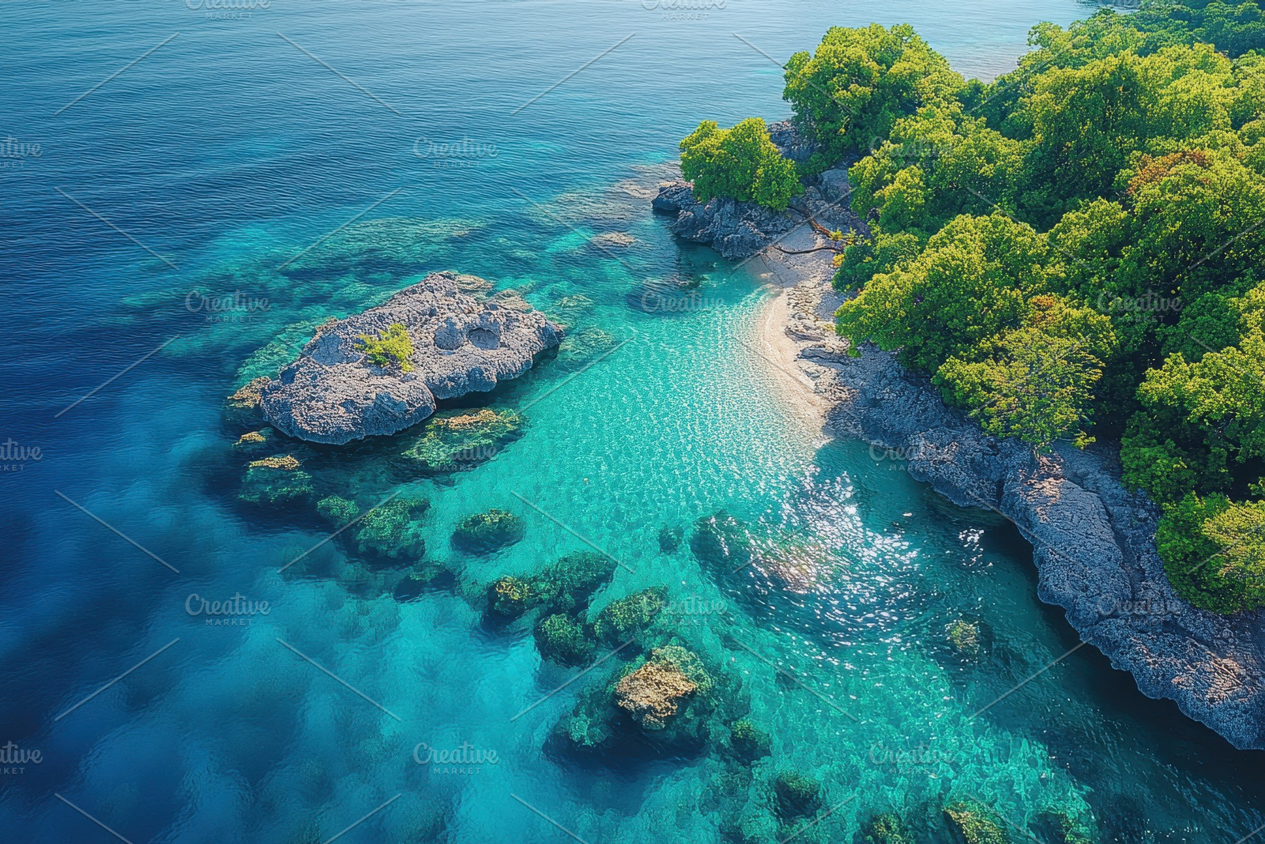 Beautiful turquoise waters and rocky, a Photo by Tanuart