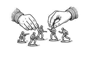 Hands Controlling Toy Soldiers War, an Illustration by AlexArt