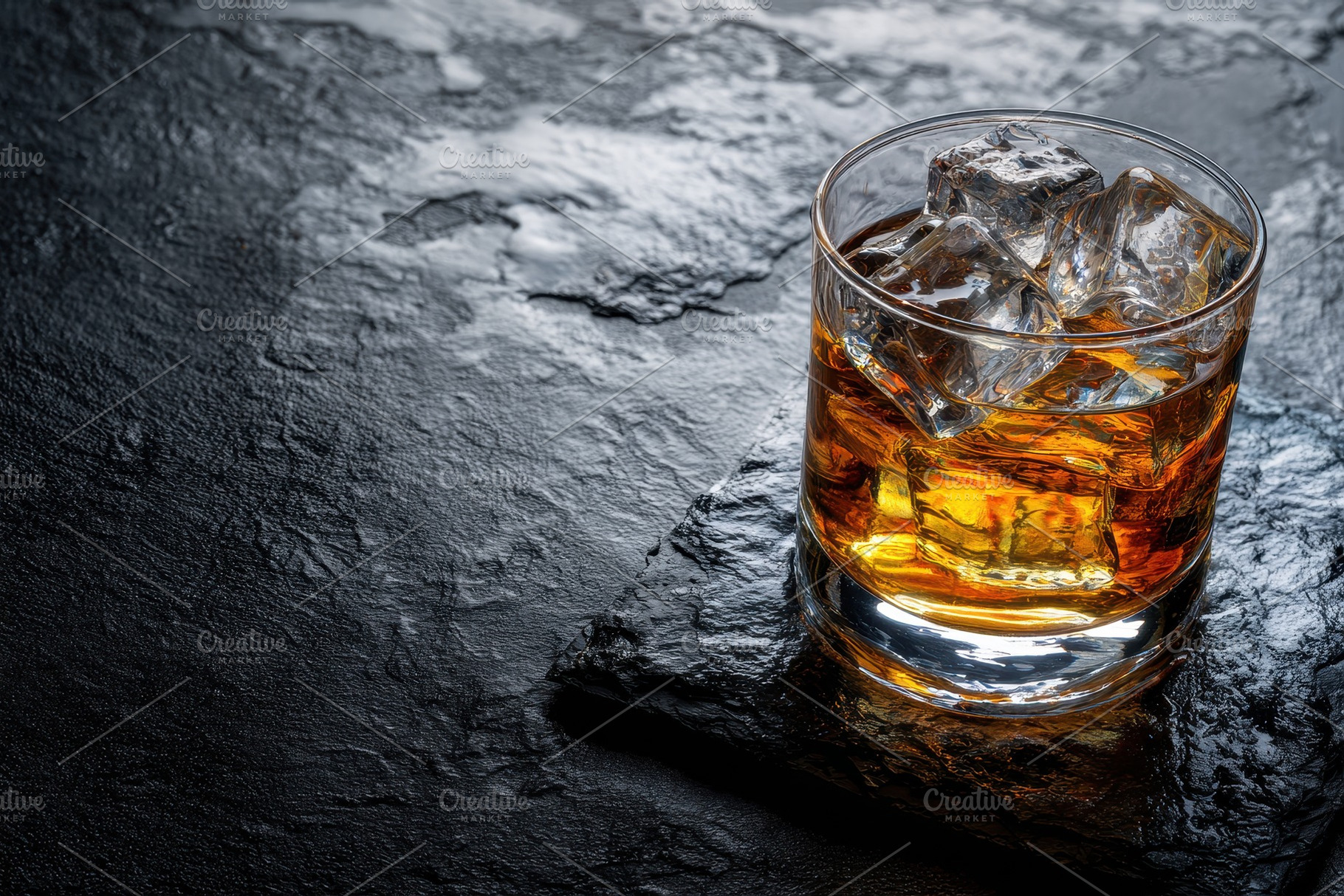 A glass containing whiskey and ice, a Photo by Pavel_design