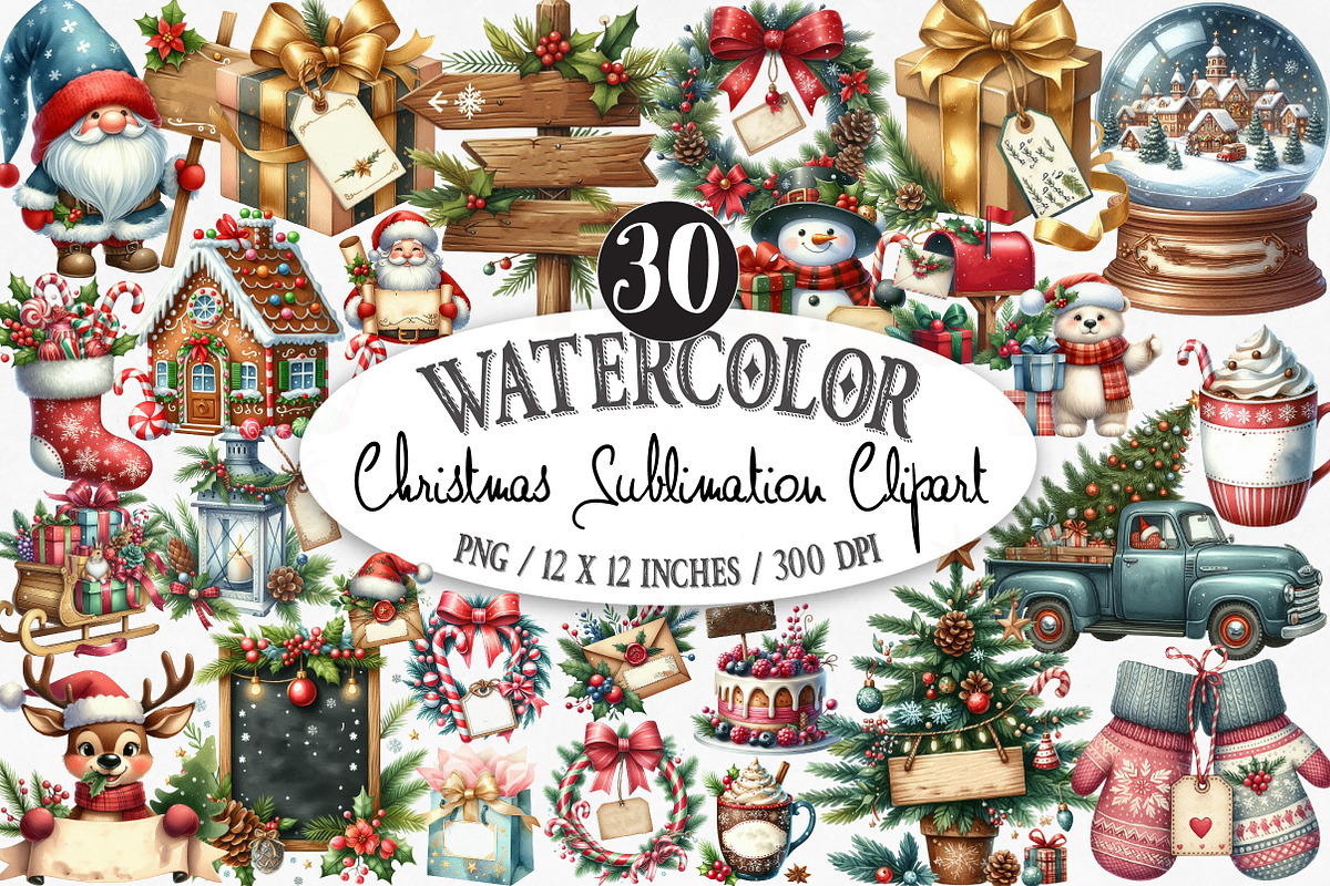 Merry Christmas Sublimation Clipart, an Illustration by Designking (Photo 1 of 5)