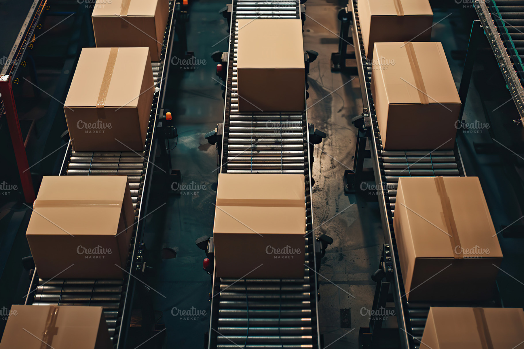 Cardboard boxes on conveyor belt in warehouse, an Industrial Photo by AlyaAnd