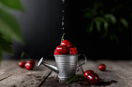 Sweet cherry berries in watering can, a Food & Drink Photo by Lenor4ik