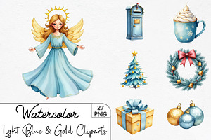 Light Blue & Gold Christmas Clipart', an Illustration by CrexoraLab