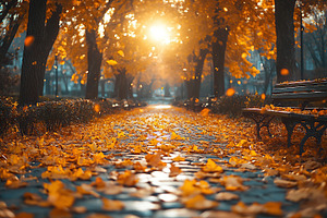 Orange leaves in city park, autumn season with sunrays, a Nature Photo by AlyaAnd