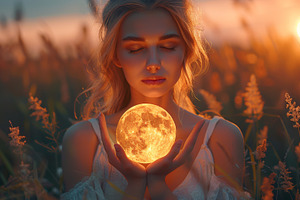 Woman holding glowing moon in serene summer evening field, a Photo by AS photostudio