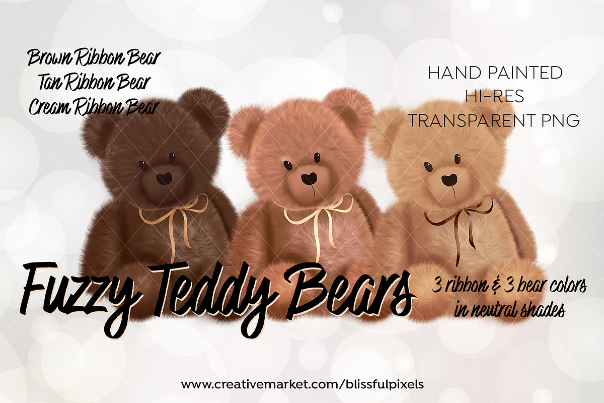Fuzzy Teddy Bear Clipart Trio, an Object Illustration by Blissful Pixels