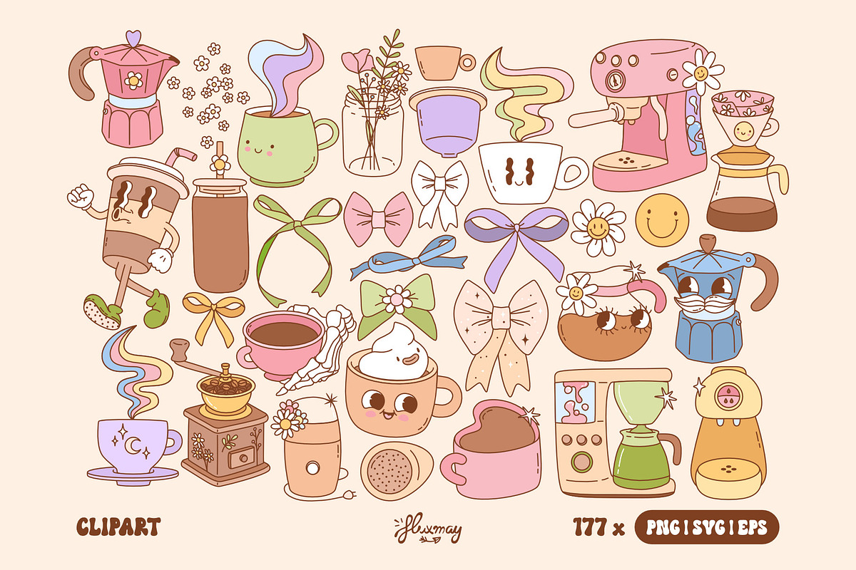 Retro Groovy Coffee Clipart Bundle, a Food Illustration by Huxmay (Photo 3 of 9)