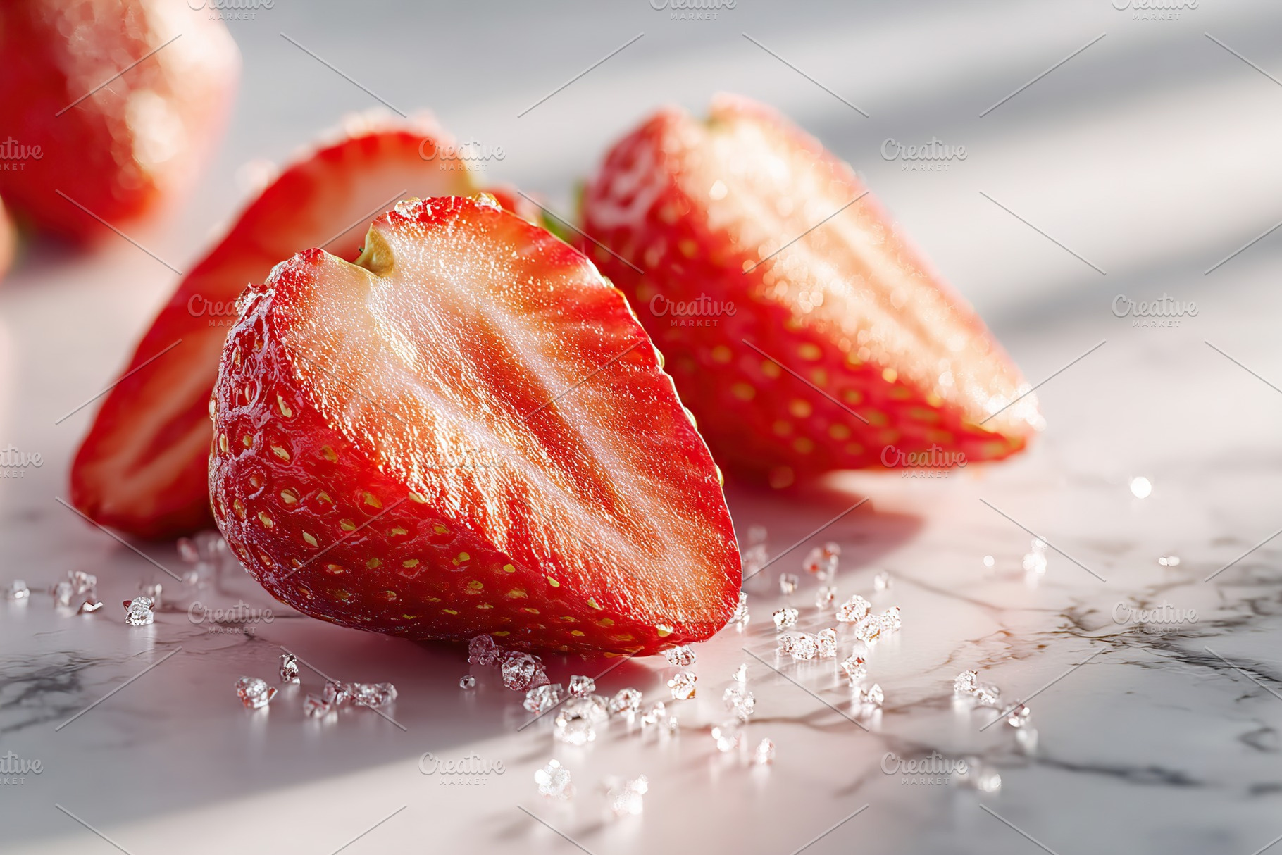 Close-up of fresh strawberry halves sprinkled with sugar on a marble surface, a Food & Drink Photo by AlyaAnd