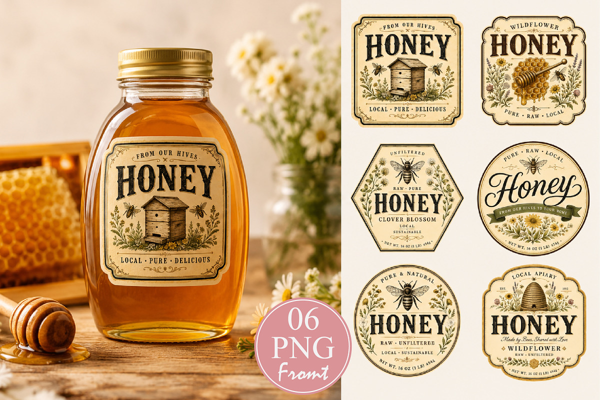 Vintage Honey Jar Label PNG, a Seasonal Illustration by Rose Art (Photo 1 of 3)