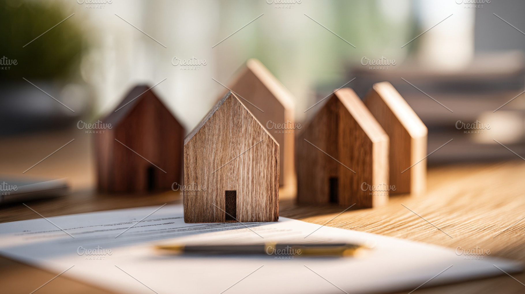 Model houses on a desk with papers, a Photo by Beautiful things