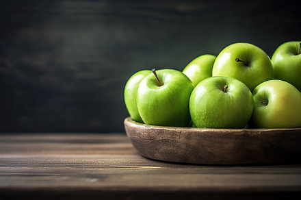 Fresh green apples on brown wooden background, a Food & Drink Photo by AlyaAnd
