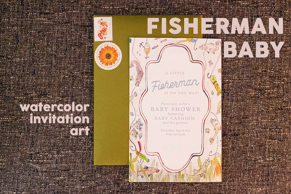 Fisherman Baby Watercolor Invitation, an Invitation Template by Small Creative (Photo 1 of 2)