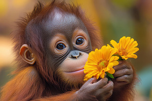 Adorable Orangutan Baby Holds Yellow, an Animal Photo by Pixeness Studio