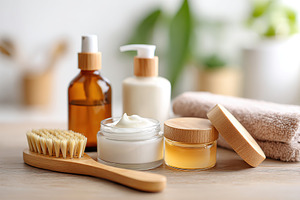 Skincare essentials displayed on a wooden table with creams and tools for beaut, a Beauty & Fashion Photo by AlyaAnd