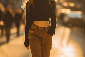 Stylish woman walking city street su, a Photo by Pixeness Studio