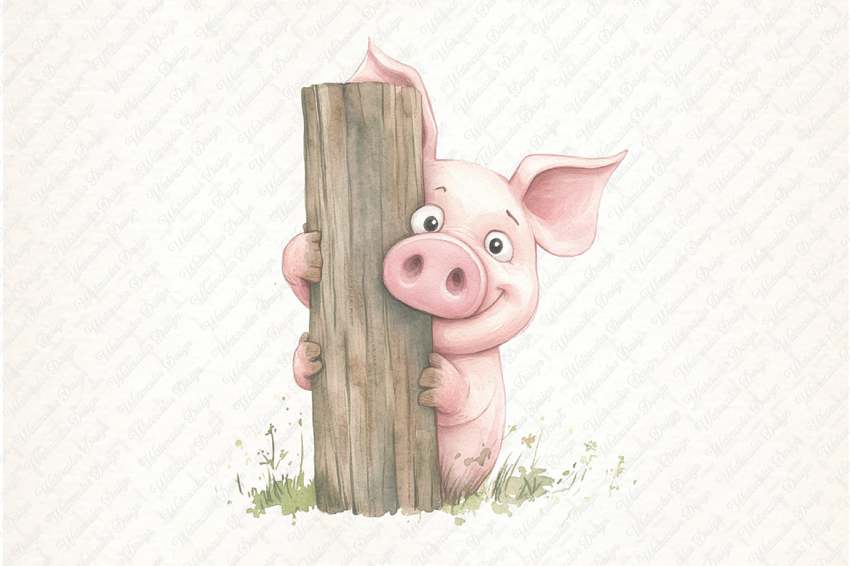 Funny Pig on Fence Clipart, an Illustration by Watercolor design (Photo 8 of 12)