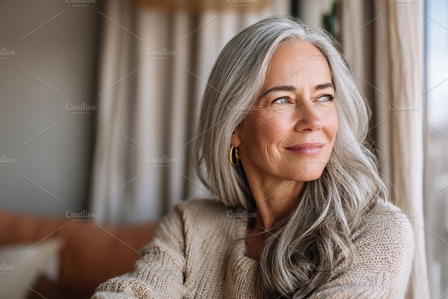 Mature woman with gray hair gazes thoughtfully by a sunlit window in a cozy liv, a Person Photo by AlyaAnd