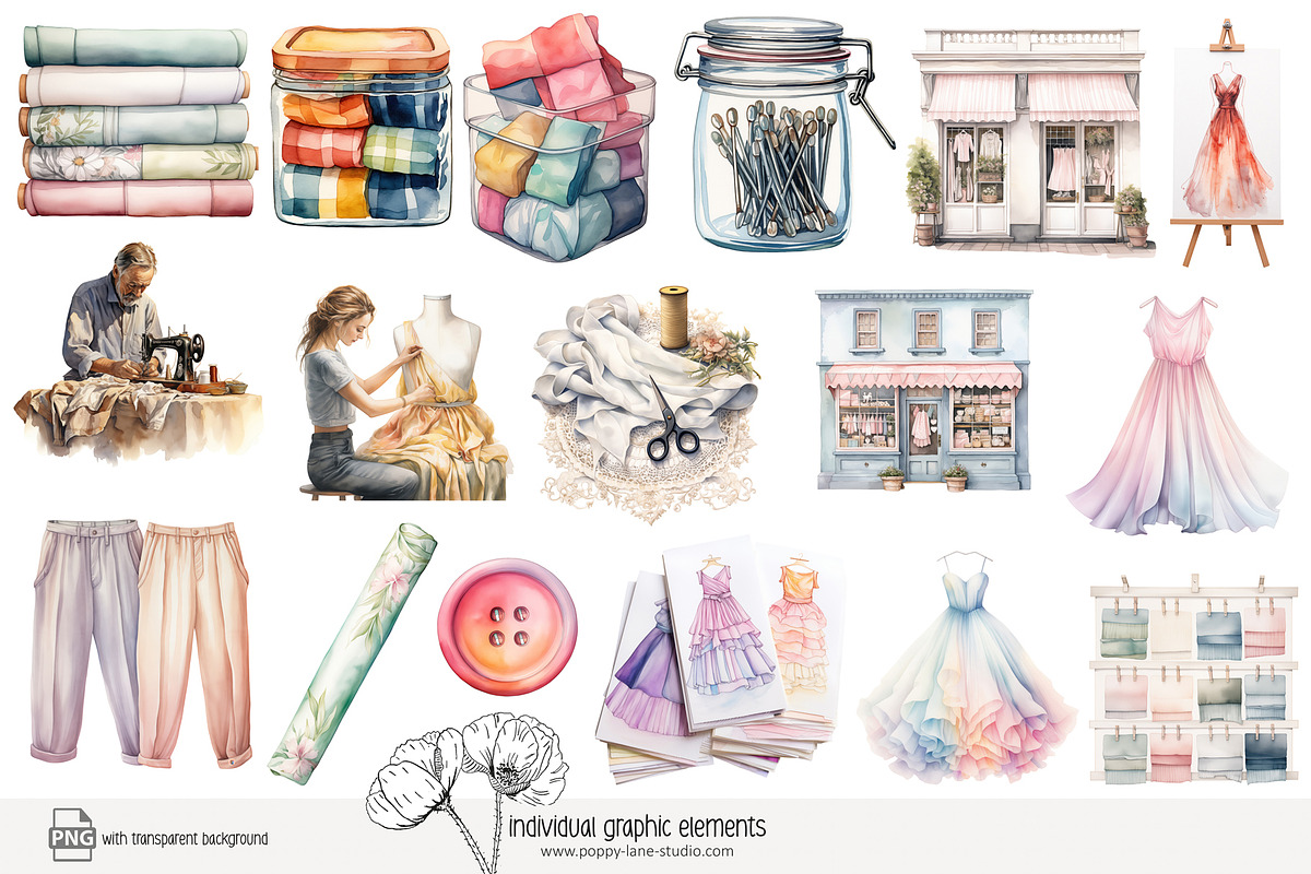90 watercolour seamstress clip art, a Work Illustration by Poppy Lane Studio (Photo 2 of 11)