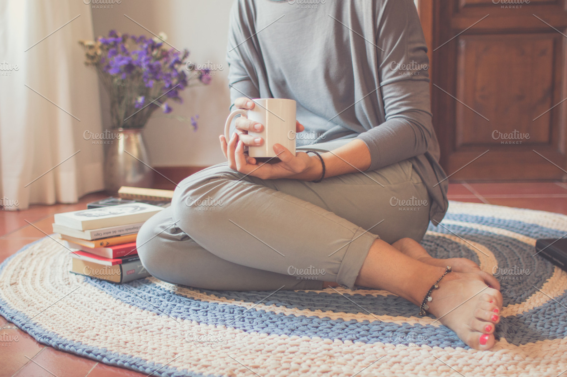 Time for me containing young woman portrait, barefoot, and cup of tea, a Person Photo by Tan Tranquila