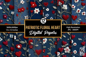 Patriotic Floral Hearts Embroidery, a Pattern Graphic by Creative Store