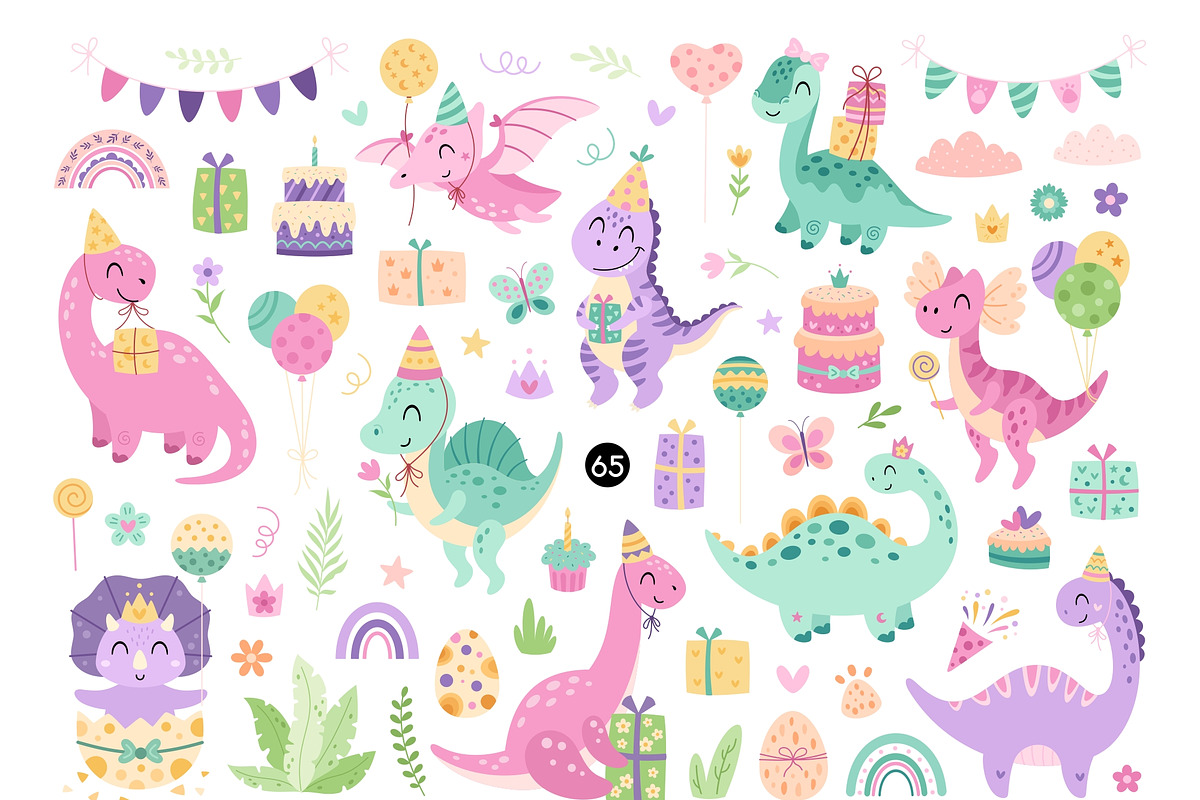 Dinosaur Birthday Girl Clipart, an Animal Illustration by JulzaArt (Photo 2 of 6)