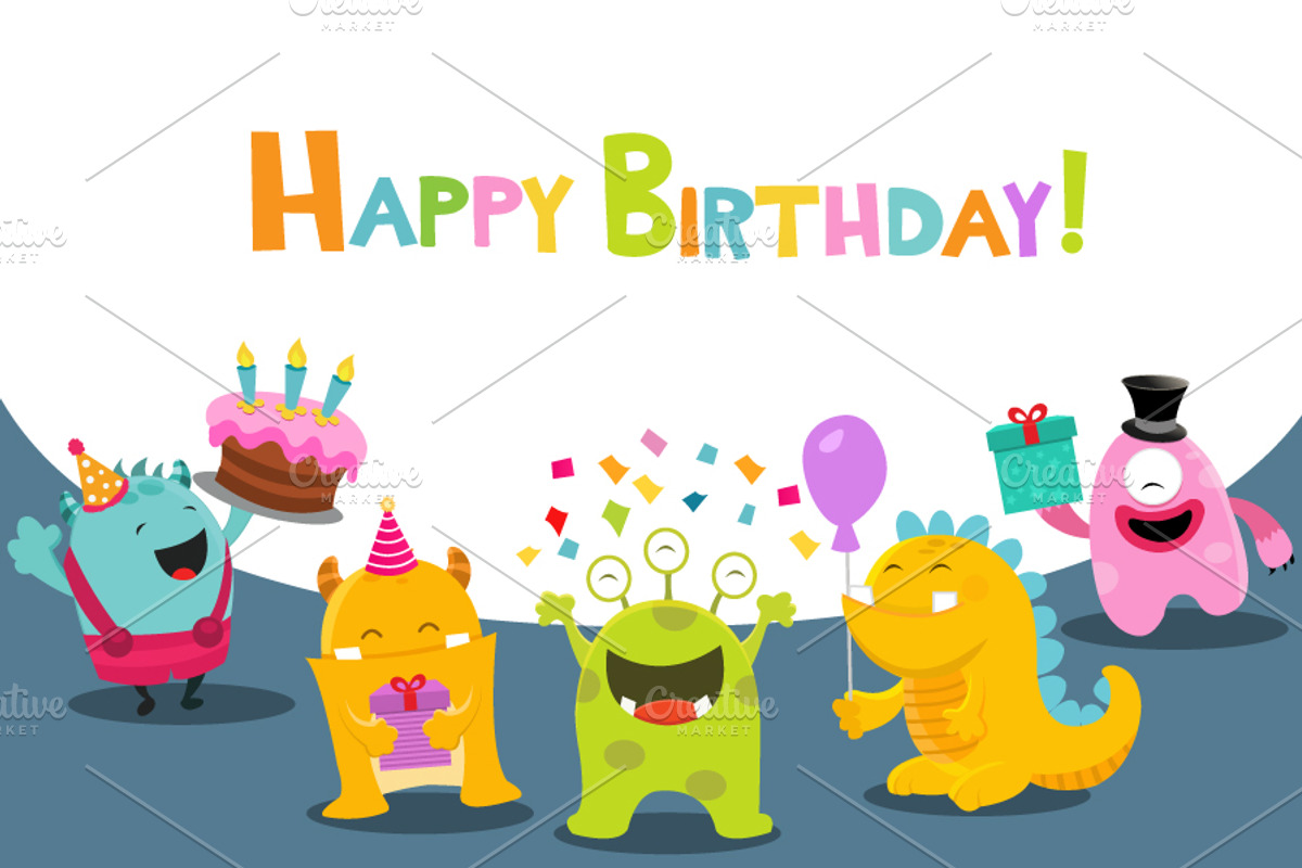 Cute Birthday Card With Monsters, an Illustration by pinipin